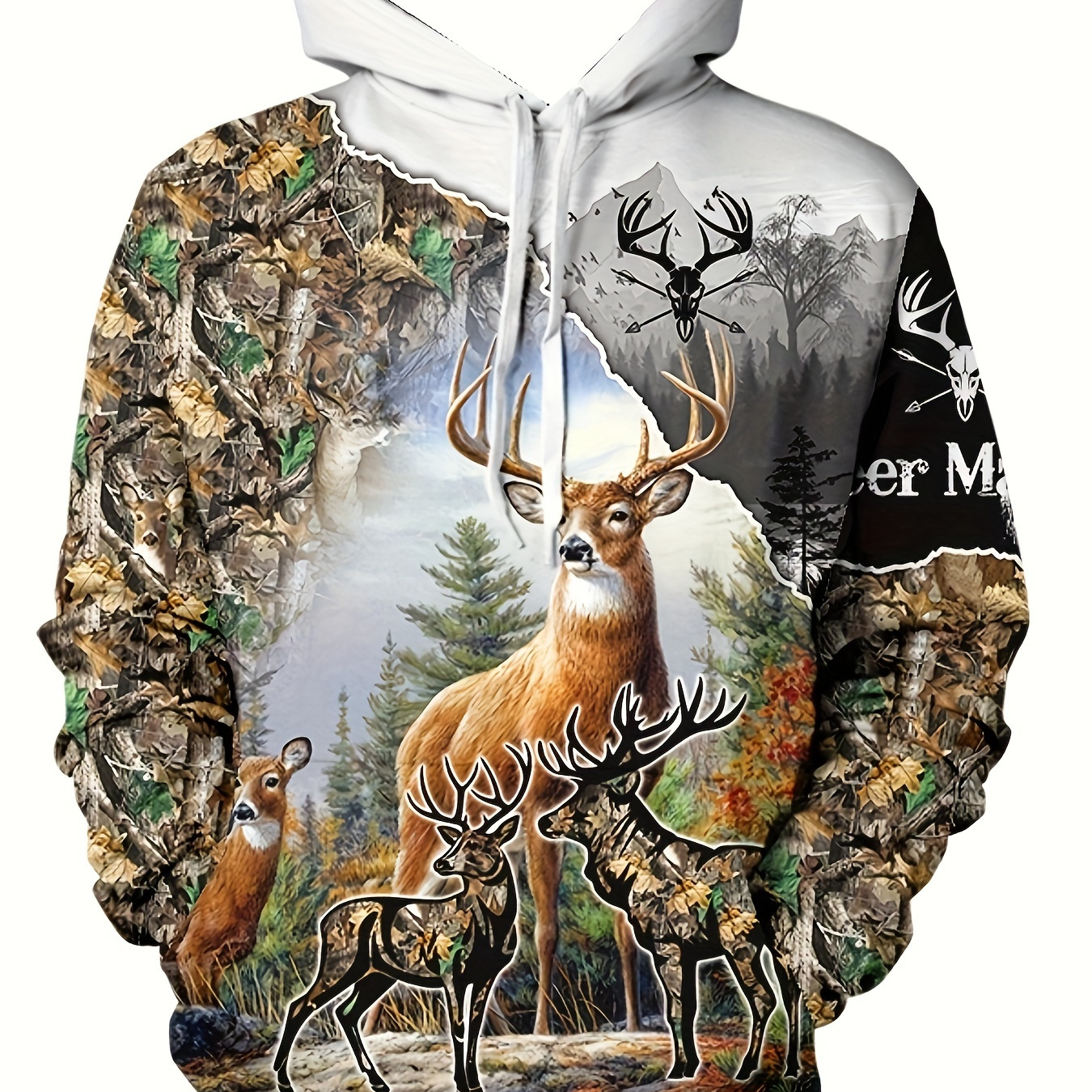 

Men's Deer Print Hooded Sweatshirt For Spring Fall, Trendy Casual Hoodies For Outdoor Sports