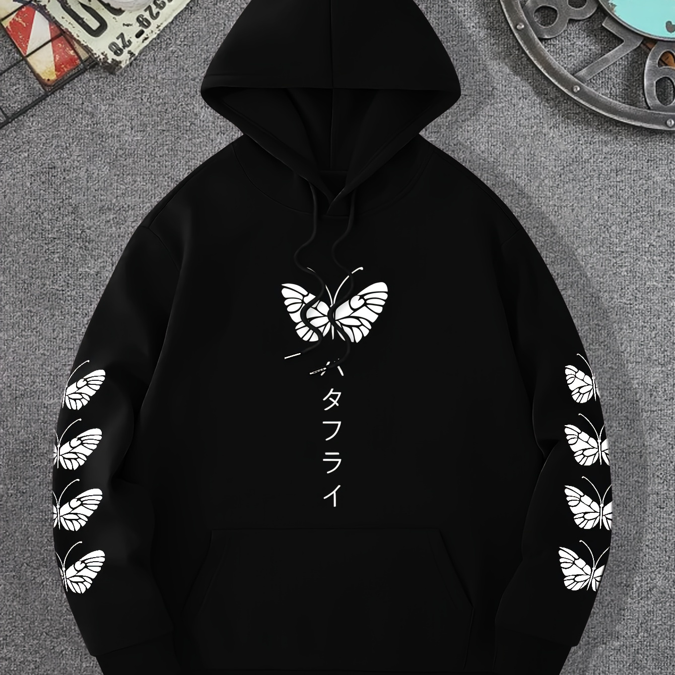 

Butterfly & Japanese Character Print Hoodie, Cool Hoodies For Men, Men's Casual Graphic Design Pullover Hooded Sweatshirt With Kangaroo Pocket Streetwear For Winter Fall, As Gifts