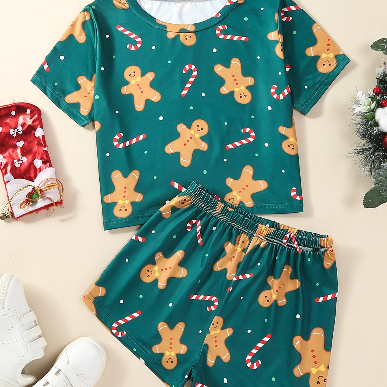 

Cartoon Christmas Print Pajama Set, Short Sleeve Crew Neck Top & Elastic Waistband Shorts, Women's Sleepwear & Loungewear