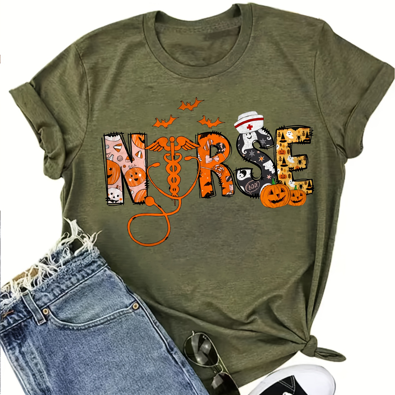 

Nurse Print Crew Neck T-shirt, Casual Short Sleeve T-shirt For Spring & Summer, Women's Clothing