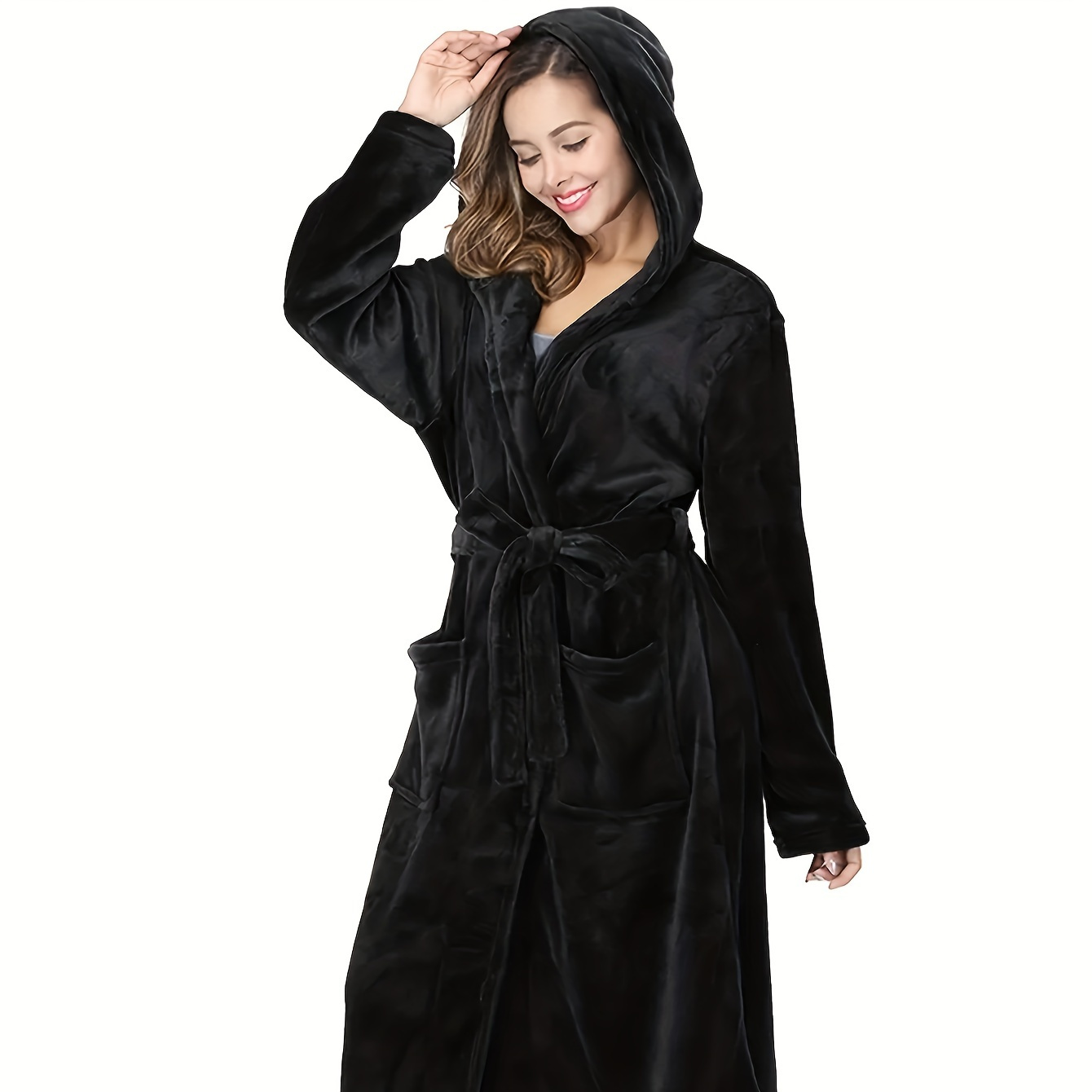 

Solid Fuzzy Hooded Night Robe, Long Sleeve V Neck Robe With Pockets & Belt, Women's Sleepwear