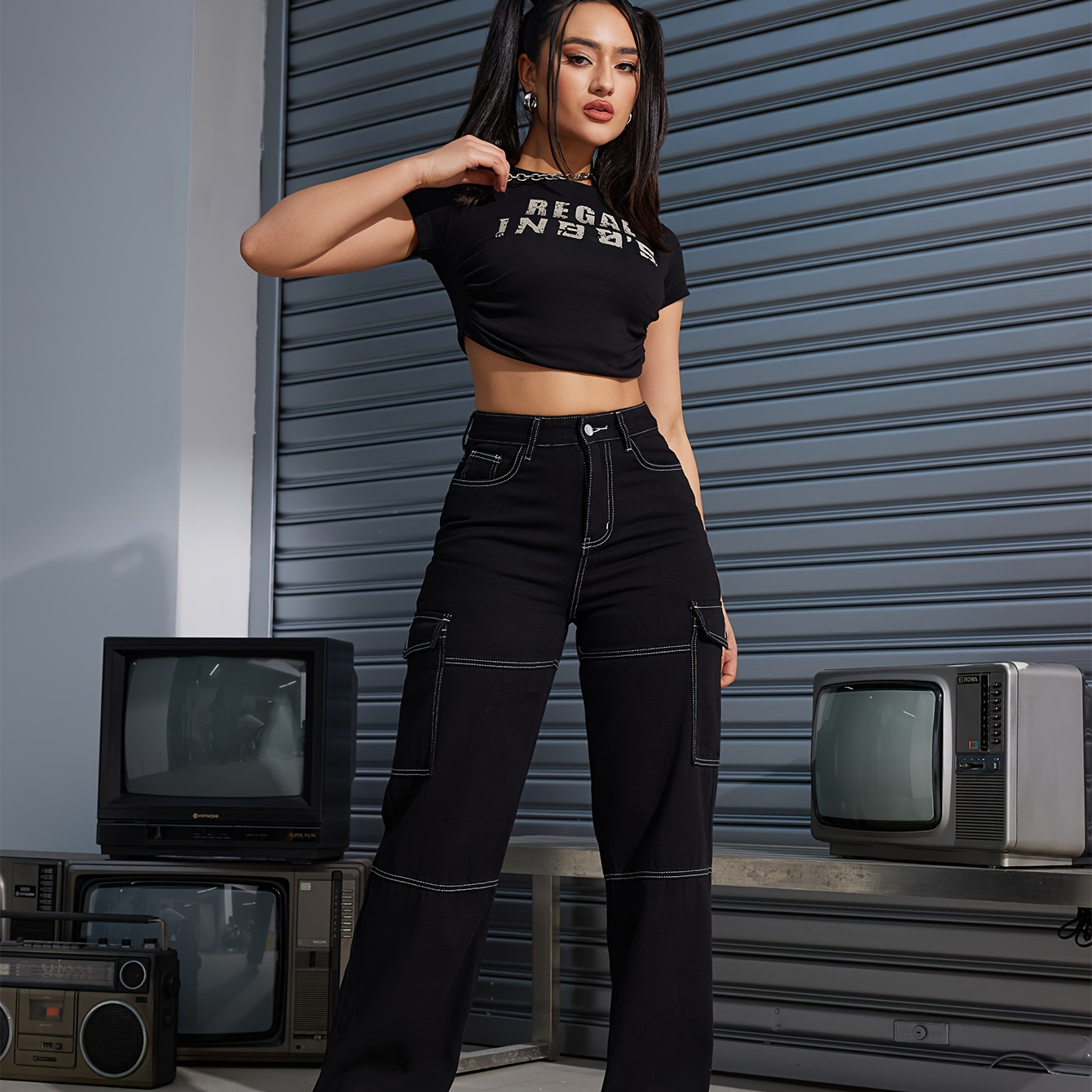 

Flap Pockets Y2k & Kpop Style Cargo Pants, Loose Fit Non-stretch Straight Jeans, Women's Denim Jeans & Clothing