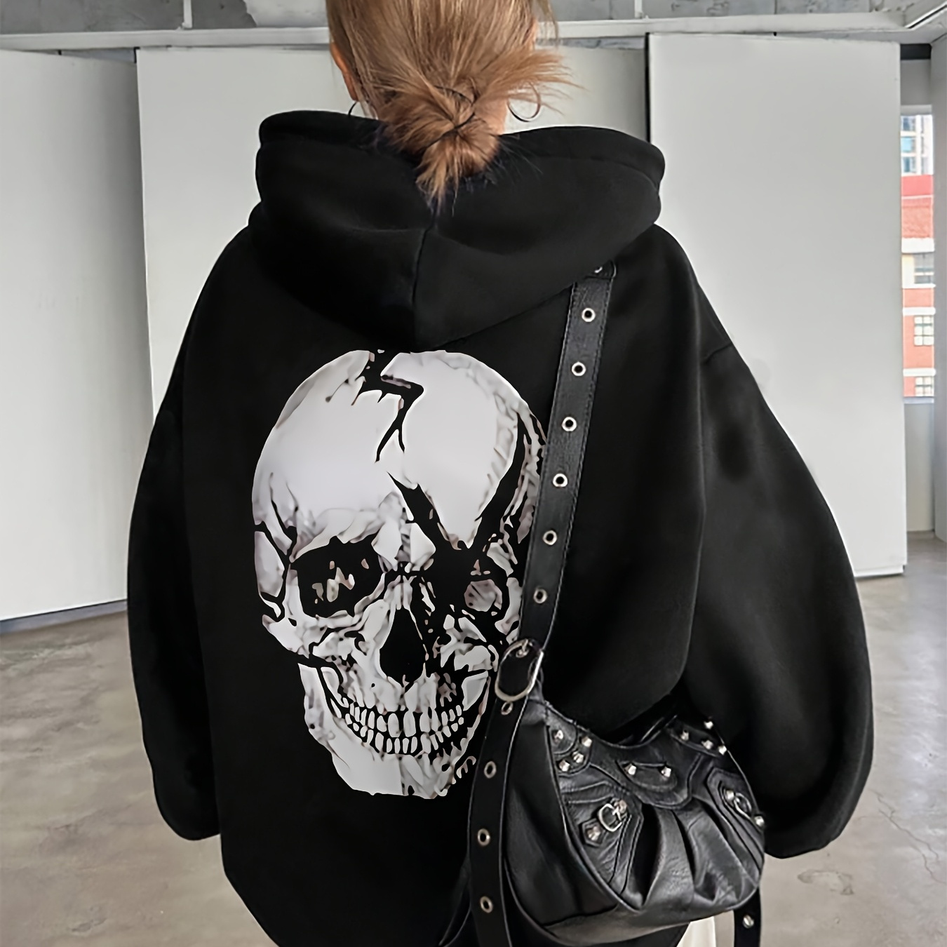 

Women's Casual Knit Polyester Hoodie With Geometric Skull Print, Drawstring Hooded Sweatshirt With Pocket, For Spring/summer/fall