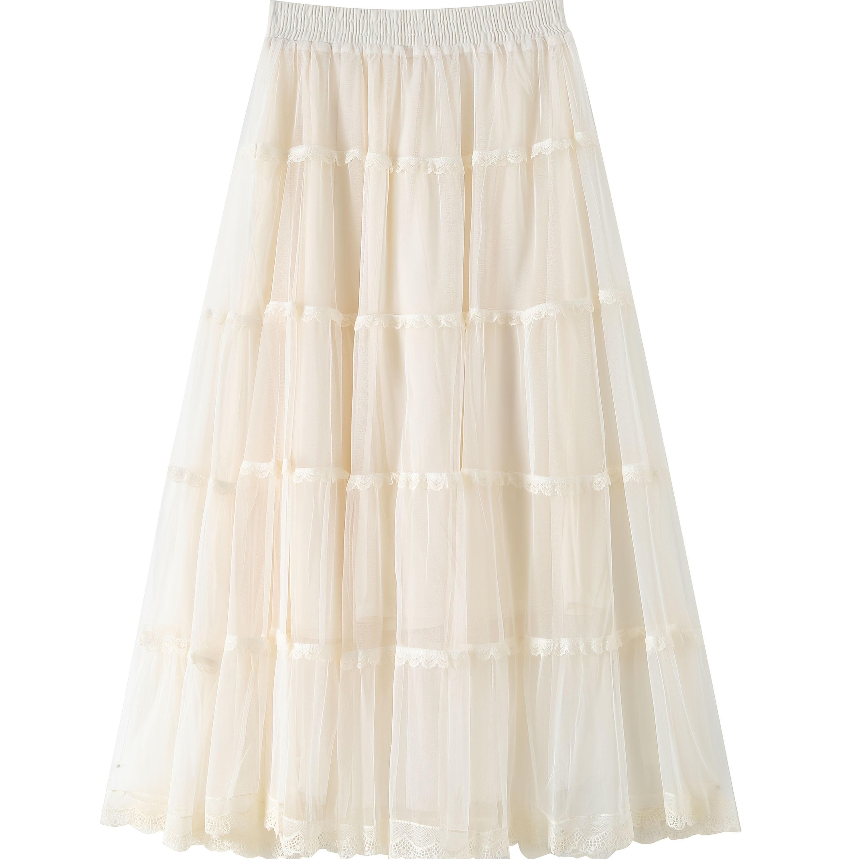 

Elegant Sheer Tulle Midi Skirt With Lace Trim, High Waist, - Women's Polyester Fashion Skirt For Spring/summer/fall, Spring Fashion Skirt|lace Trimmed Skirt| Lace Detailing