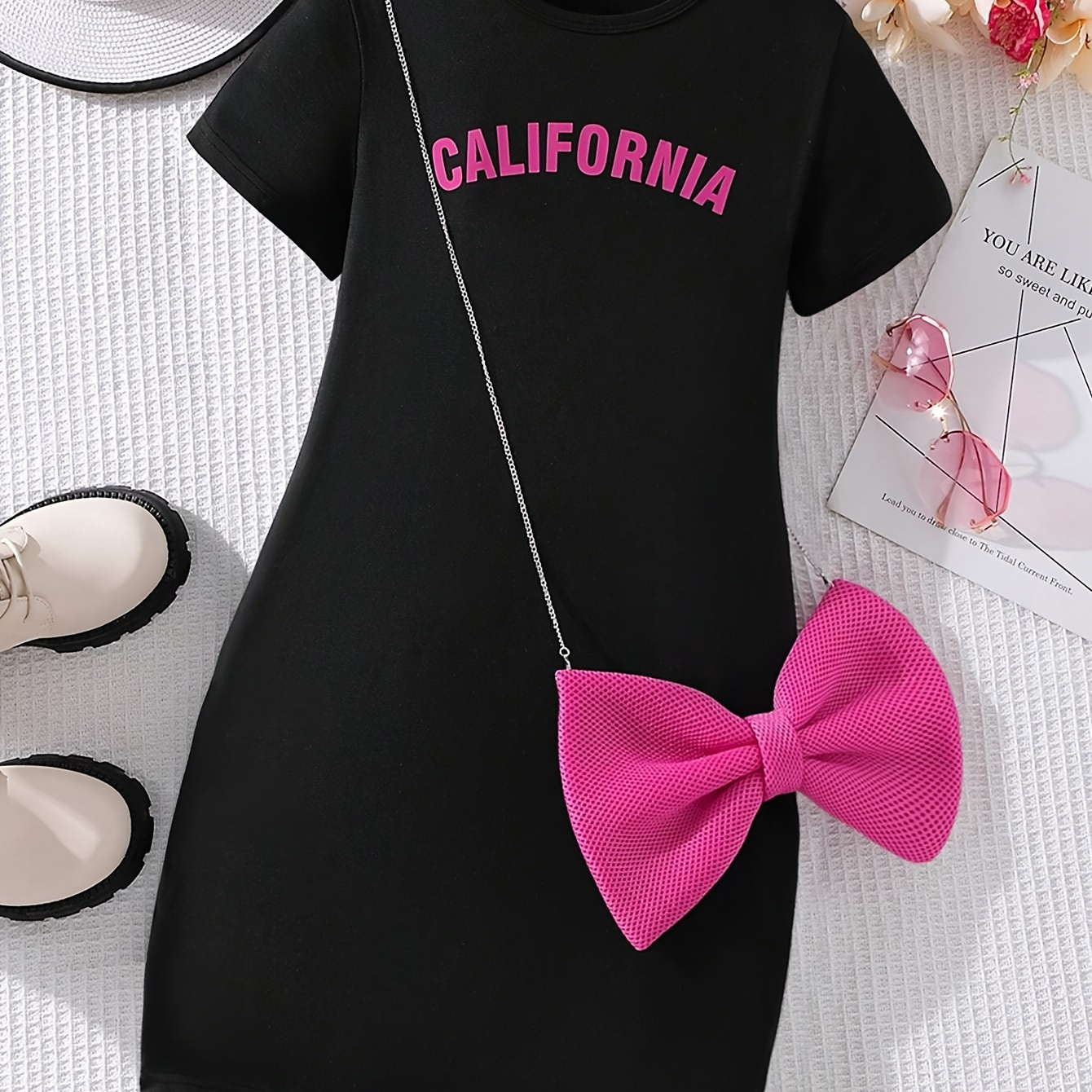 

Girls Letter T-shirt Dress + Bow Bag, Sweet Fashion Short Sleeve Dress Outfit
