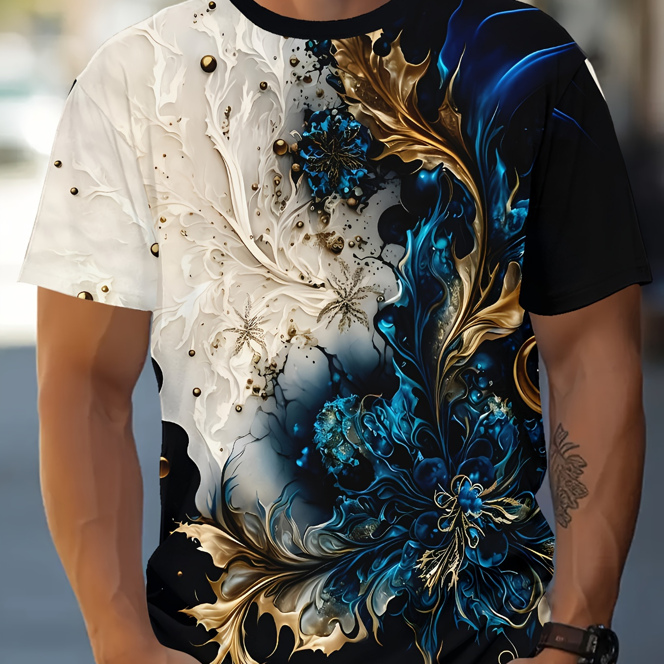 

Men's Floral Graphic Print T-shirt, Short Sleeve Crew Neck Tee, Men's Clothing For Summer Outdoor