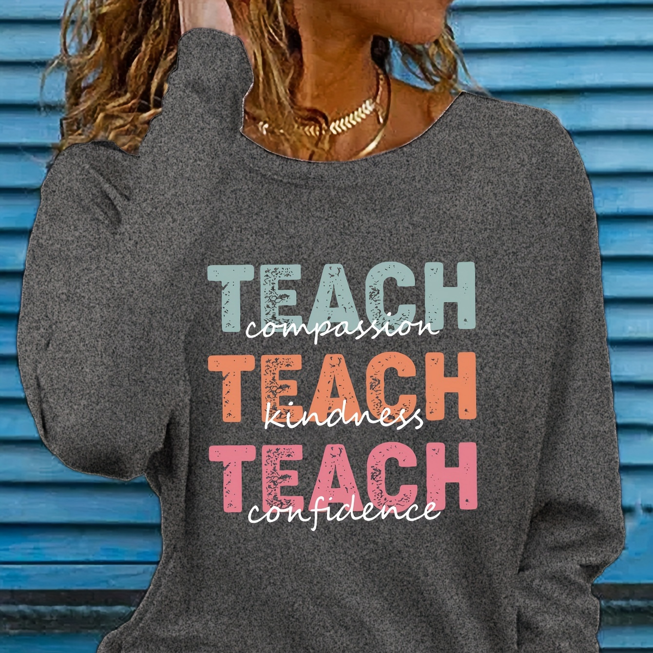 

Teach Letter Print T-shirt, Long Sleeve Crew Neck Casual Top For Spring & Fall, Women's Clothing