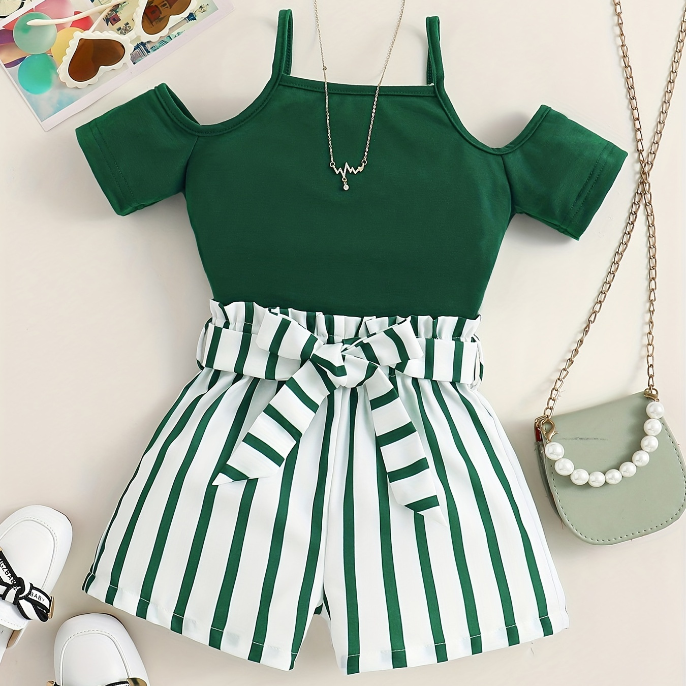 

Cami Top & Striped Shorts With Belt Girl's Two-piece Set, Summer Daily Casual Going Out Clothes