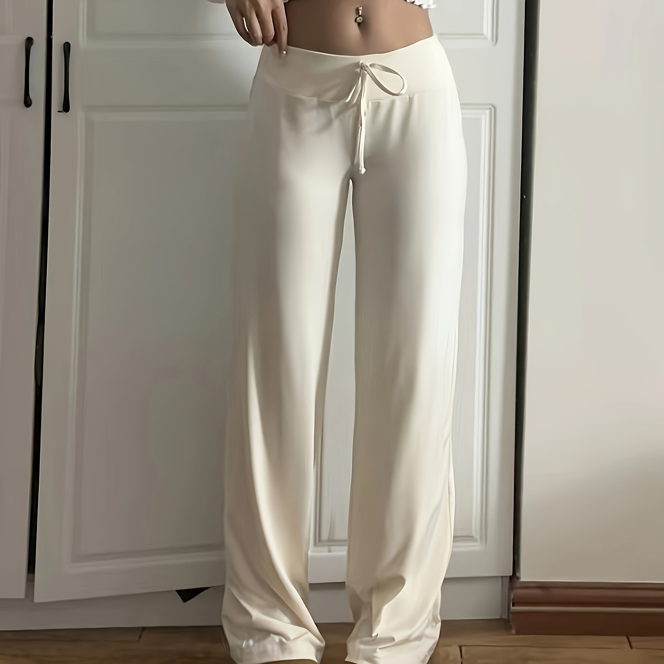 

1pc Women's Solid Color Straight-leg Pants, Polyester Knit Fabric, Drawstring Detail, Suitable For Spring/autumn Season