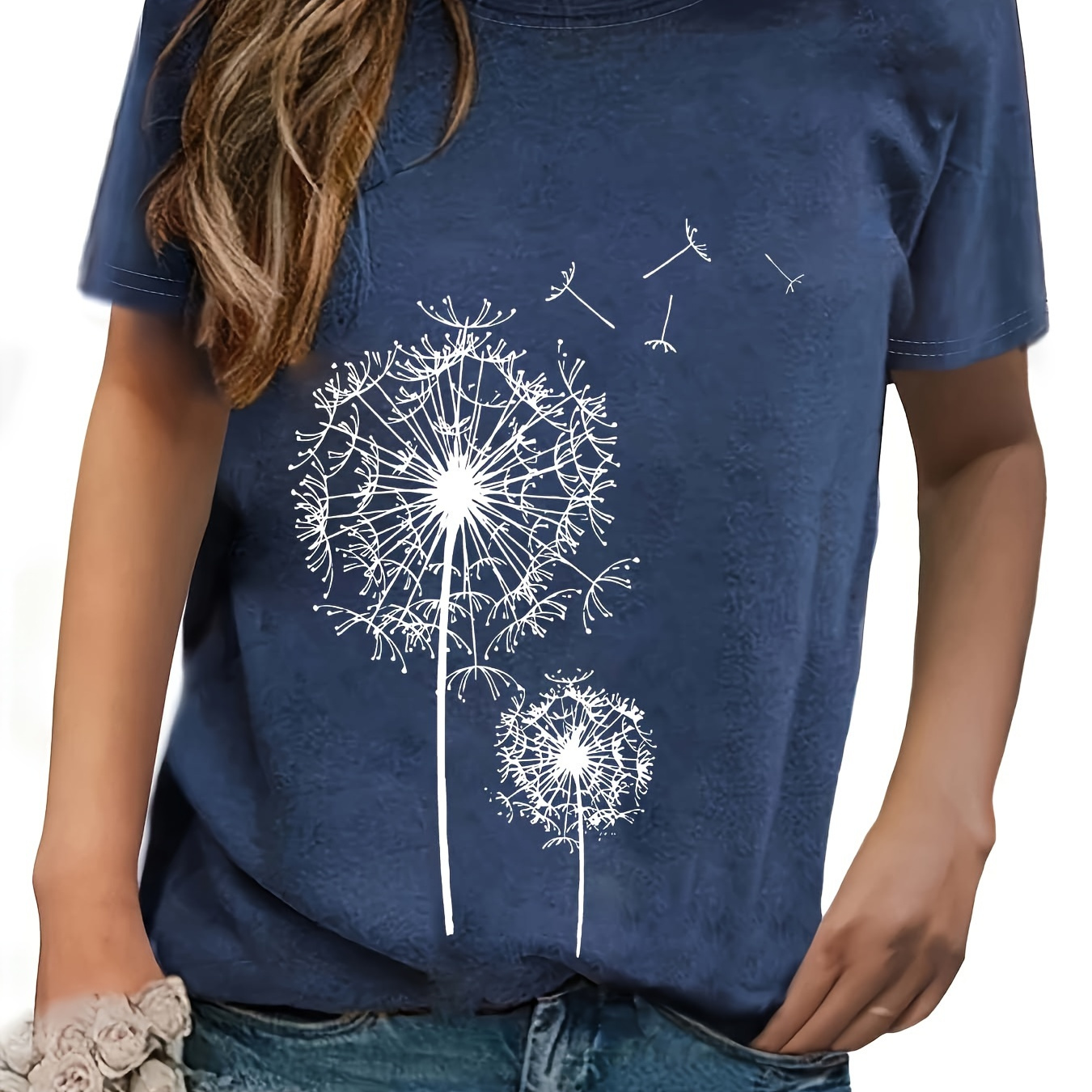 

Dandelion Print Crew Neck T-shirt, Vintage Short Sleeve T-shirt For Spring & Summer, Women's Clothing