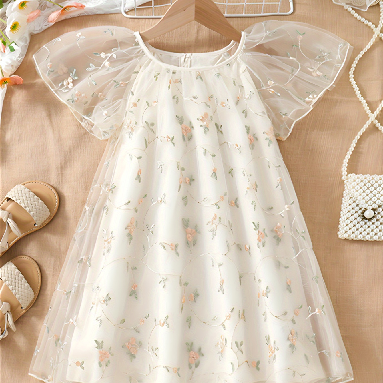 

Girls' Bohemian Embroidered Tulle Dress, Sheer Puff Sleeve Floral Summer Dress With Round Neck Design For Kids