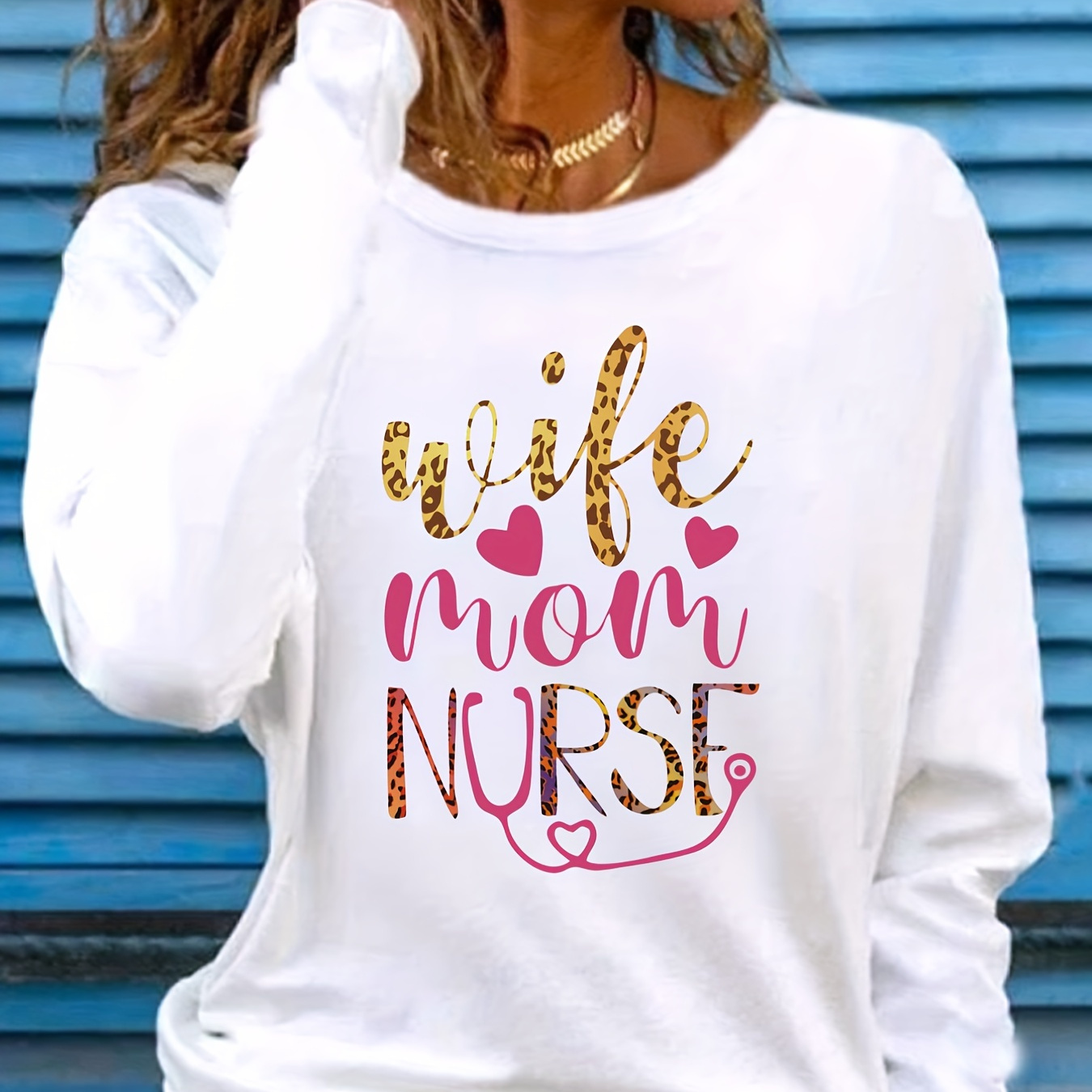 

Wife Mom Nurse Print Crewneck T-shirt, Casual Long Sleeve Top For Spring & Fall, Women's Clothing