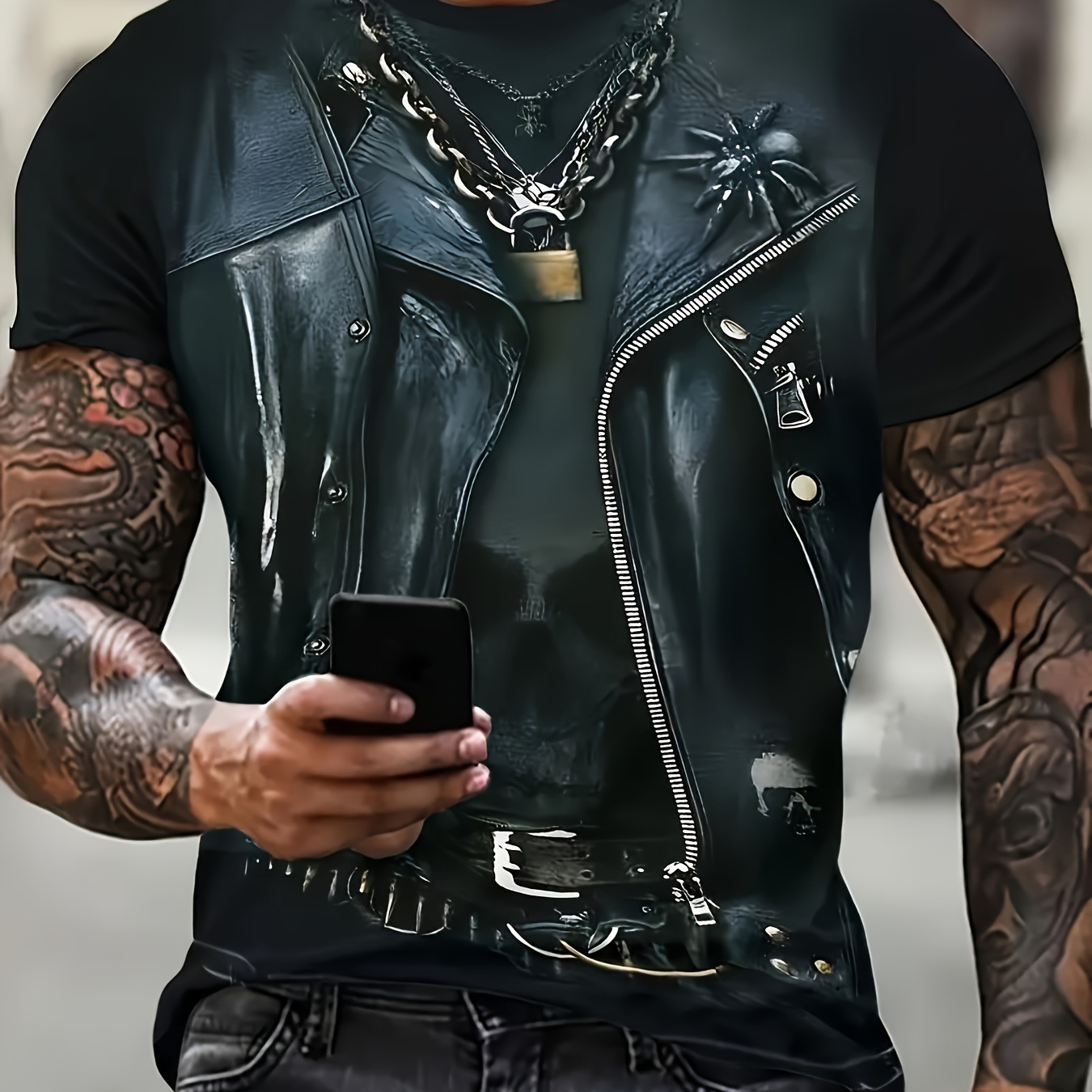 

3d Digital Motorcycle Leather Vest Like Graphic And Skeleton Skull Pattern Crew Neck And Short Sleeve T-shirt, Novel And Stylish Tops For Men's Summer Outdoors Activities And Party Wear