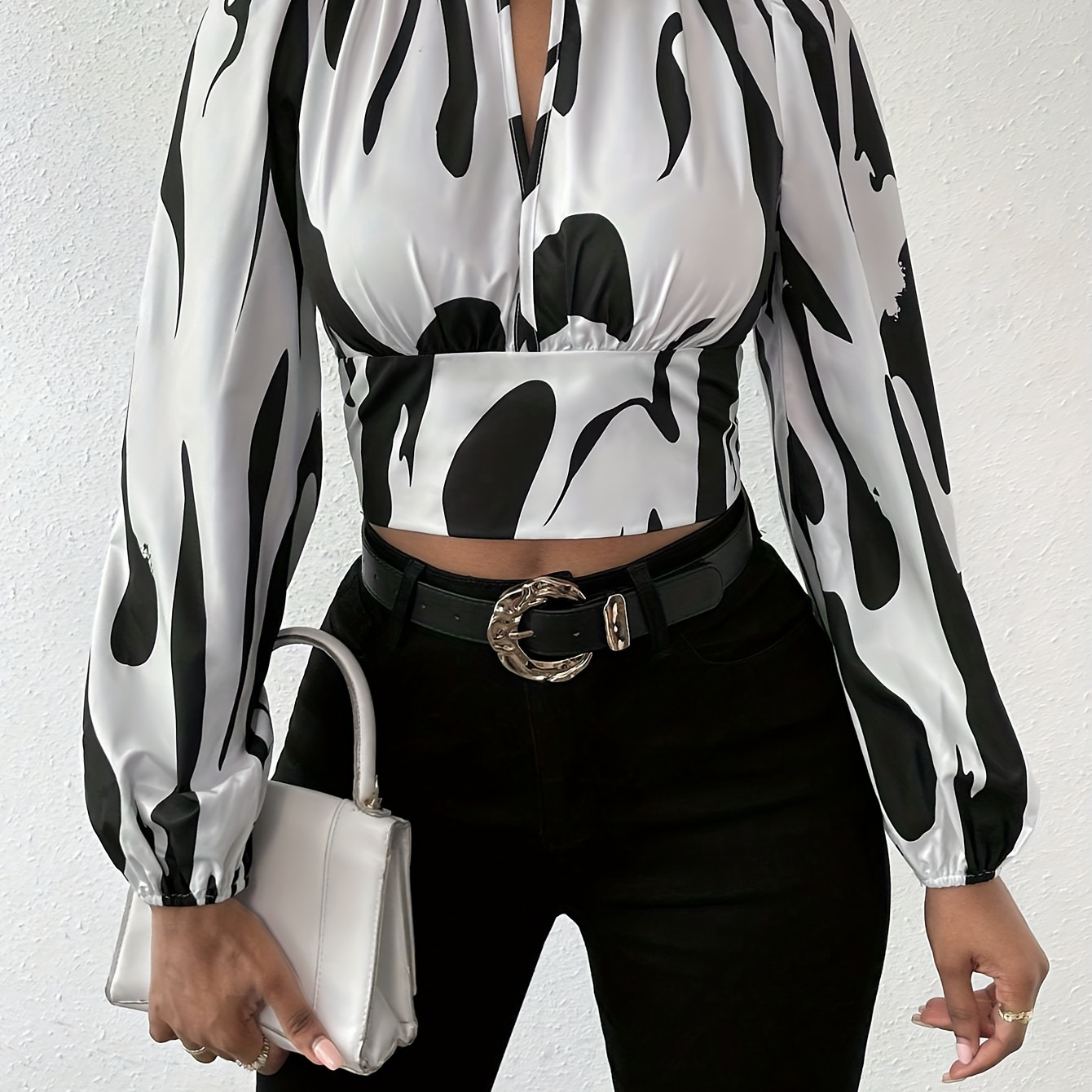 

Graphic Print Mock Neck Crop Blouse, Elegant Long Sleeve Cut Out Shirred Blouse, Women's Clothing