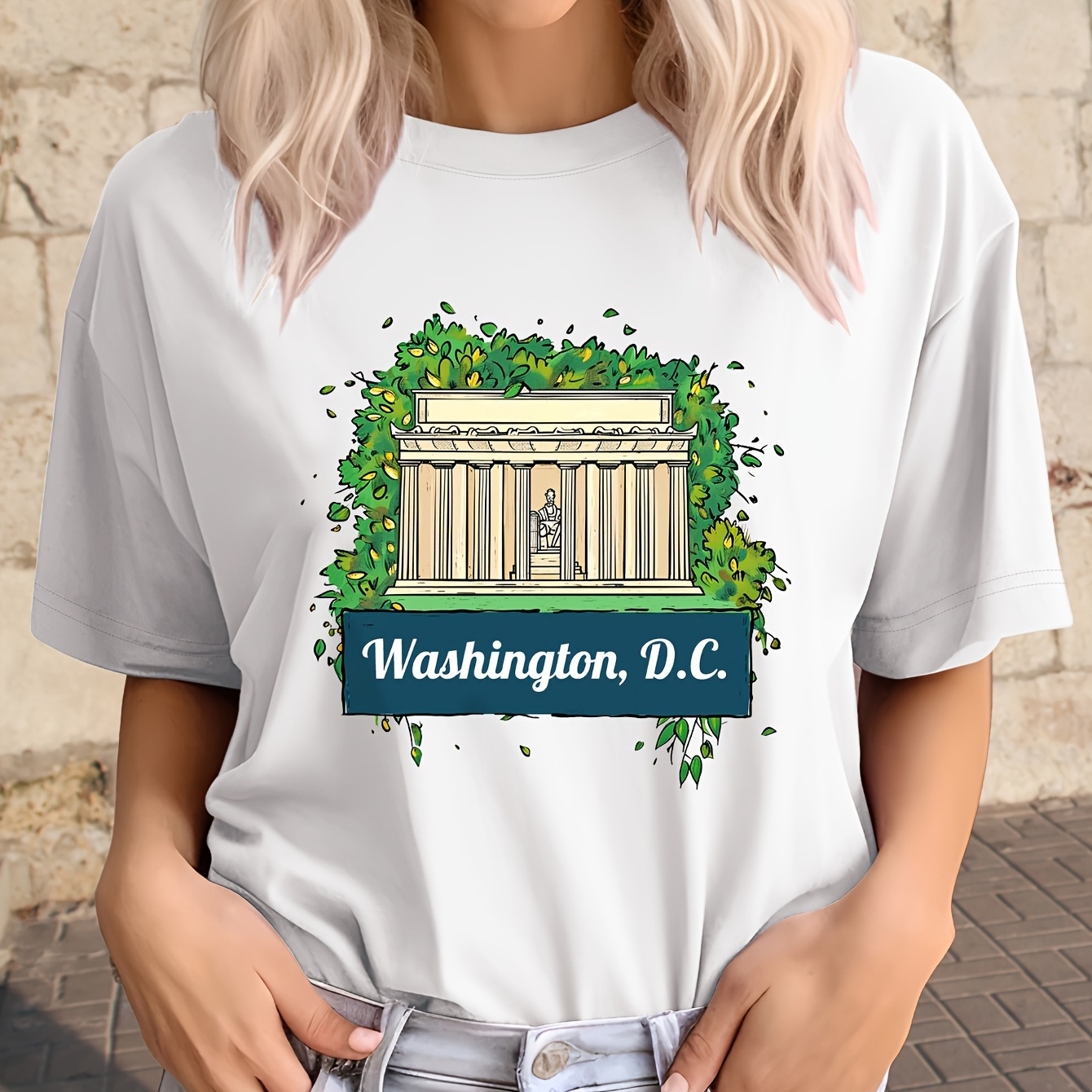 

Washington Building & Letter Print Crew Neck T-shirt, Casual Short Sleeve Top For Summer & Spring, Women's Clothing