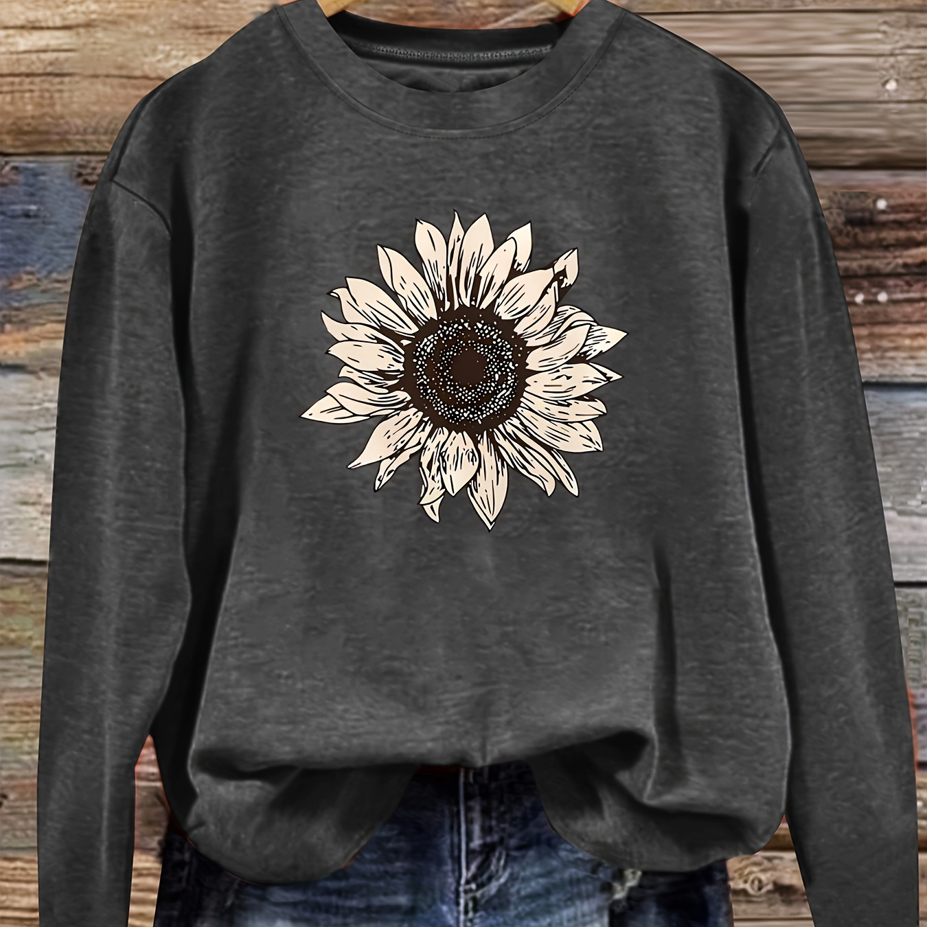 

Vintage Sunflower Print Women's Long Sleeve Tee - Casual Round Neck, Cozy Knit Top In Heathered Gray With Intricate Sunflower Design, Machine Washable, Fall And Winter Outfits