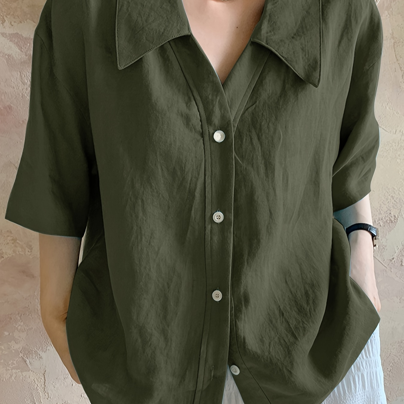 

Solid Button Front Shirt, Casual Short Sleeve Lapel Shirt For Spring & Summer, Women's Clothing