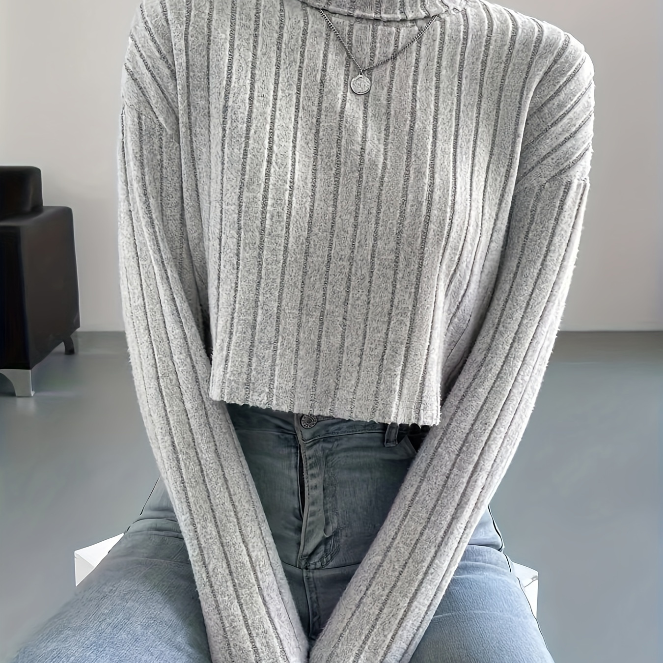 

Solid Turtle Neck Crop Sweater, Casual Long Sleeve Drop Shoulder Ribbed Sweater For Fall & Winter, Women's Clothing