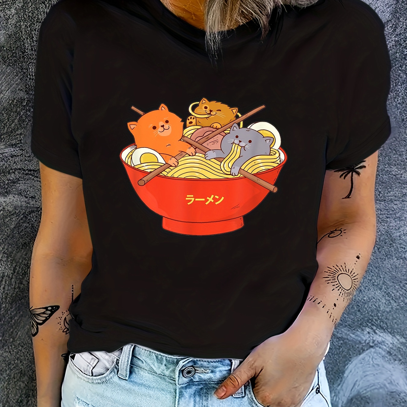 

Cat & Noodles Print T-shirt, Casual Long Sleeve Crew Neck T-shirt, Women's Clothing