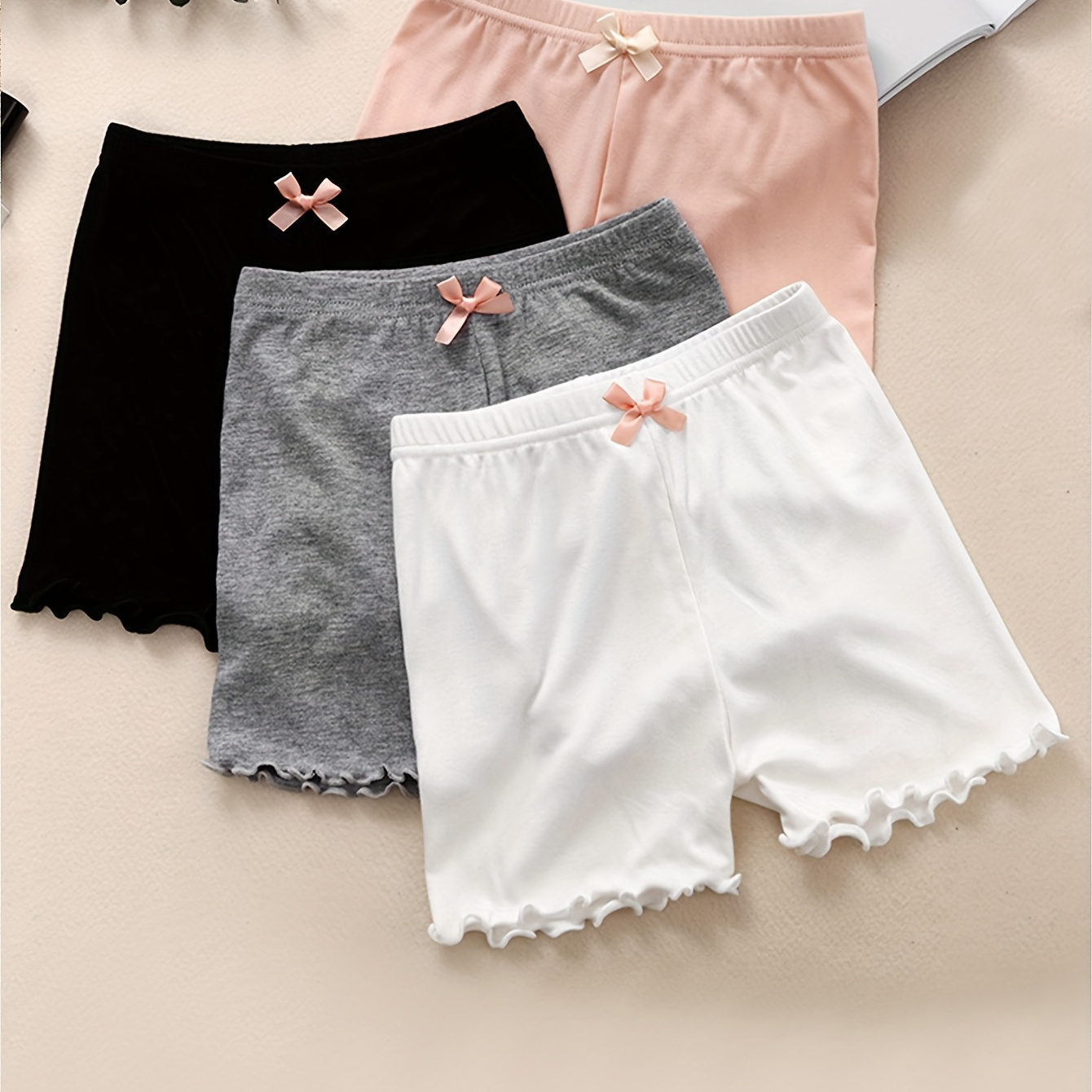 

4pcs Girls' Safety Shorts Modal Summer Thin Layer Bottoms, Cute Bow Decor High Stretch Loose Underpants, Cute Style Shorts Wearable Outdoors