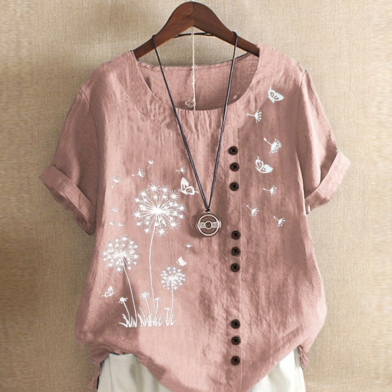 

Plus Size Dandelion Print Short Sleeve T-shirt, Women's Plus Round Neck Casual Pullover Top