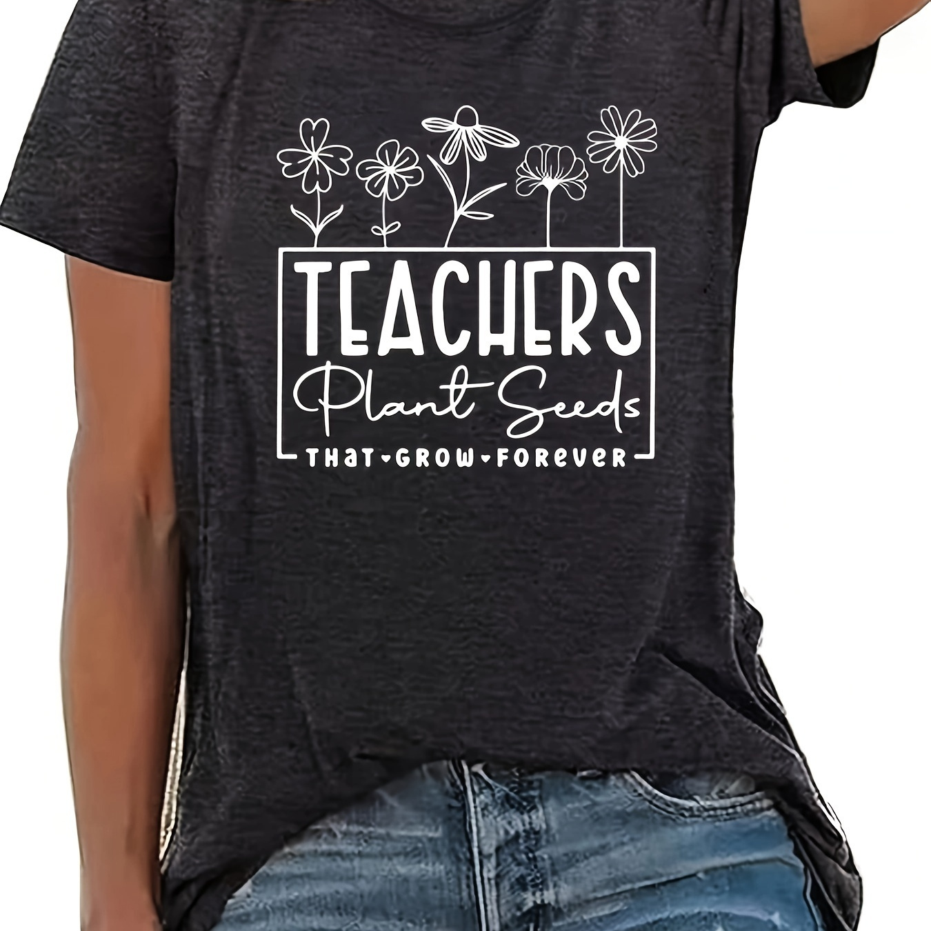 

Plus Size Teachers Plant Seeds That Grow Forever T-shirt, Casual Short Sleeve Crew Neck Top For Summer, Women's Plus Size Clothing