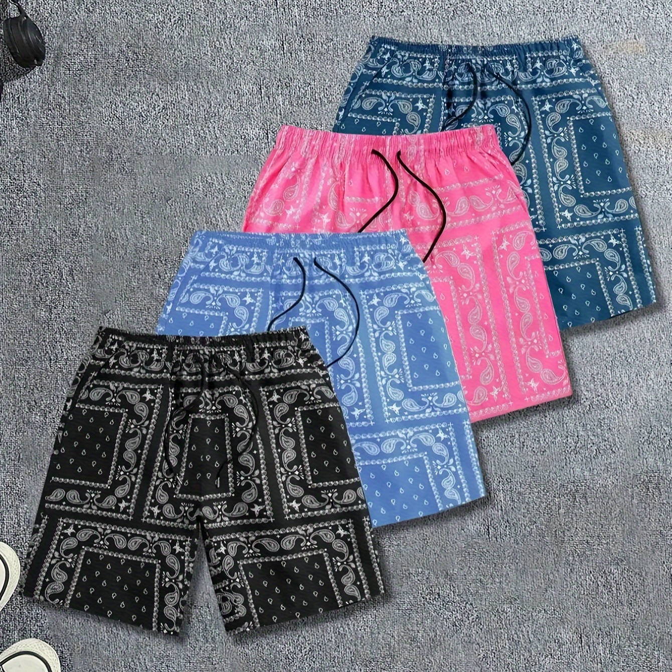 

4-pack Set Of Paisley Print Drawstring Board Shorts With Pockets For Men, Loose Fit Fashion Shorts For Beach Party And Holiday Wear