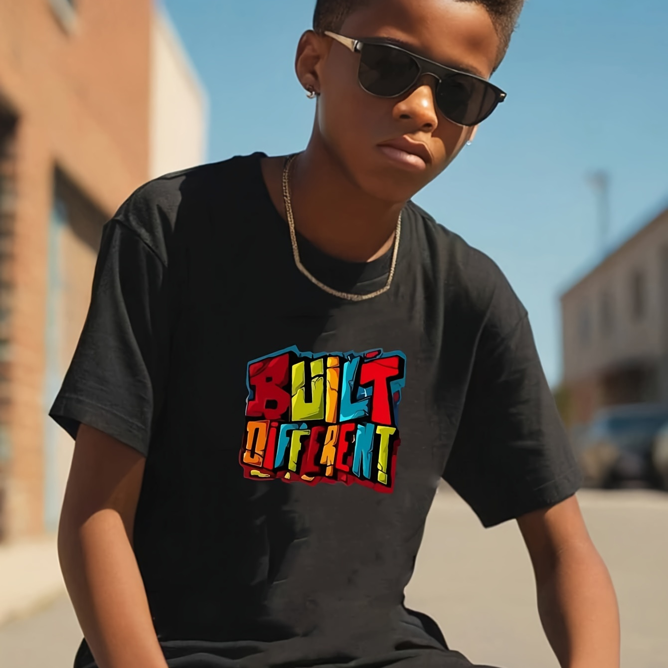 

Built Different Letter Print Boys Creative T-shirt, Casual Lightweight Comfy Short Sleeve Tee Tops, Kids Clothes For Summer