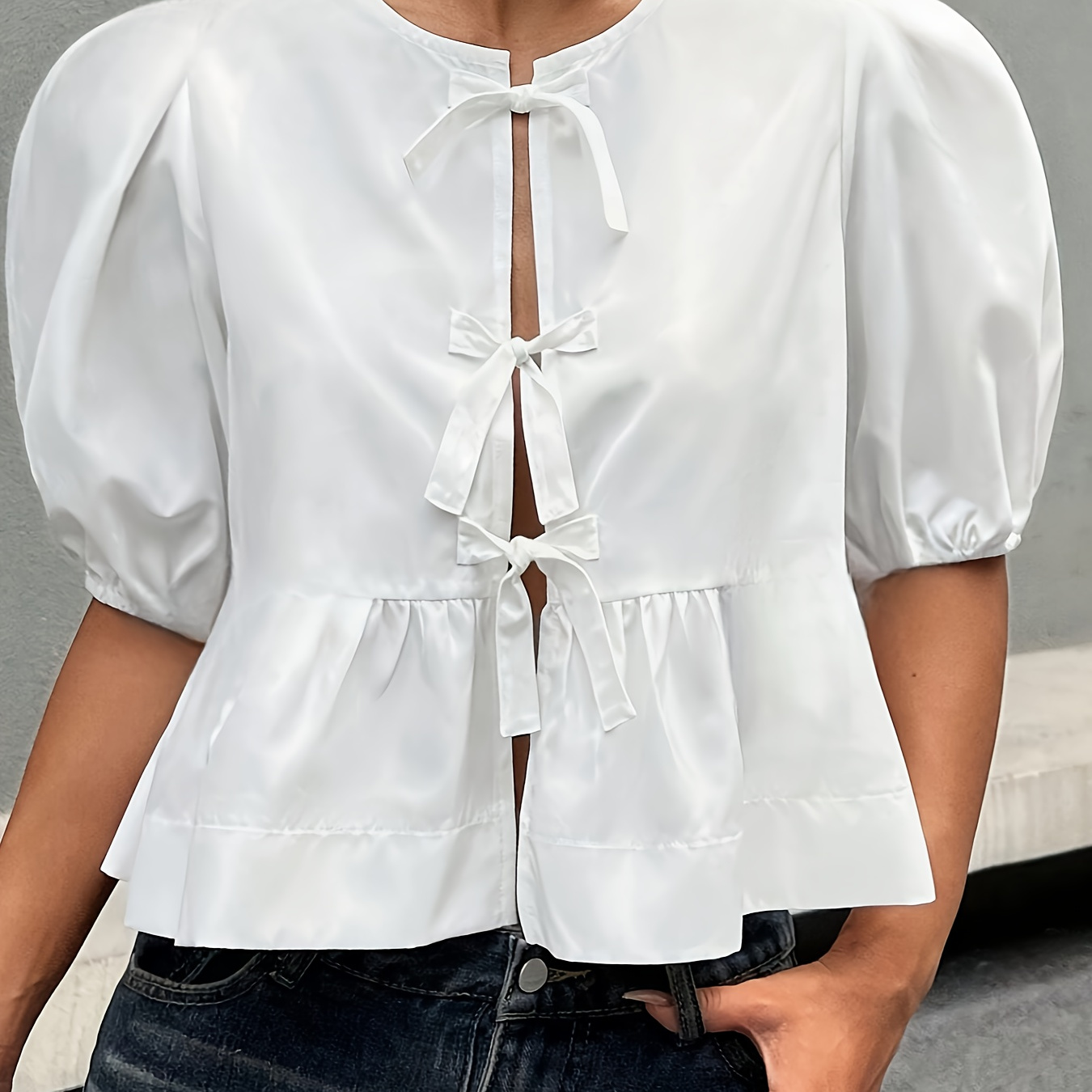 

Solid Color Tie Front Blouse, Sweet Puff Sleeve Peplum Blouse For Spring & Summer, Women's Clothing