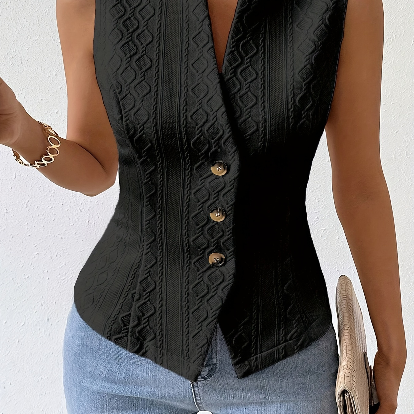 

Solid Texture Button Front Vest, Elegant Solid Color Sleeveless Vest For Spring & Fall, Women's Clothing