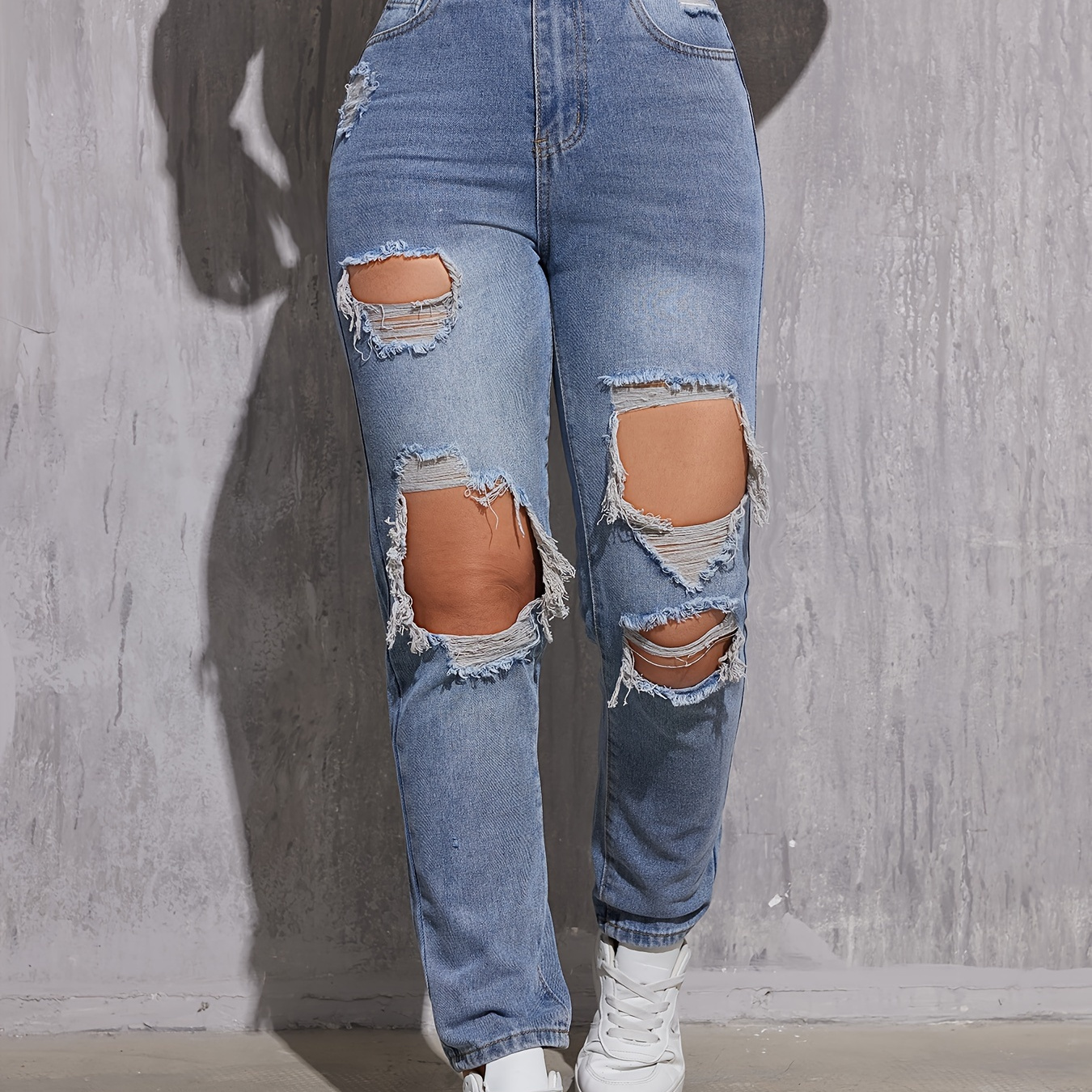 

Ripped Holes Stylist Tapered Pants, Slant Pocket Button Zipper Closure Loose Denim Pants, Women's Denim Jeans & Clothing