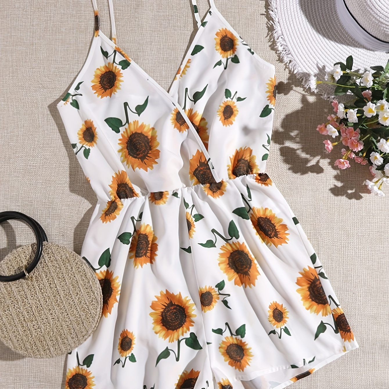 

Sunflower Print Surplice Neck Romper Jumpsuit, Casual Spaghetti Strap Cinched Waist Backless Romper Jumpsuit, Women's Clothing