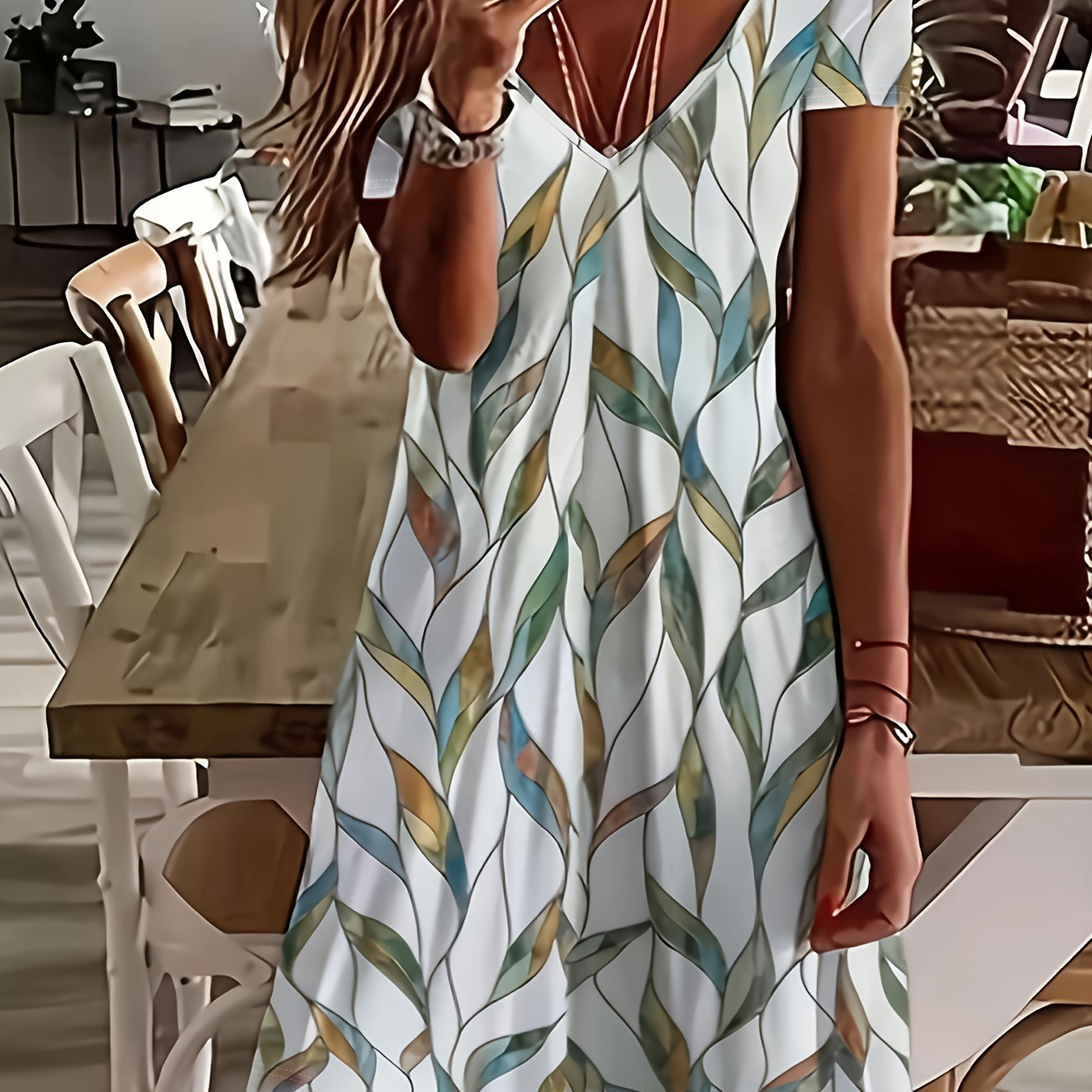 

Leaf Print V-neck Dress, Vacation Style Short Sleeve A-line Dress For Spring & Summer, Women's Clothing