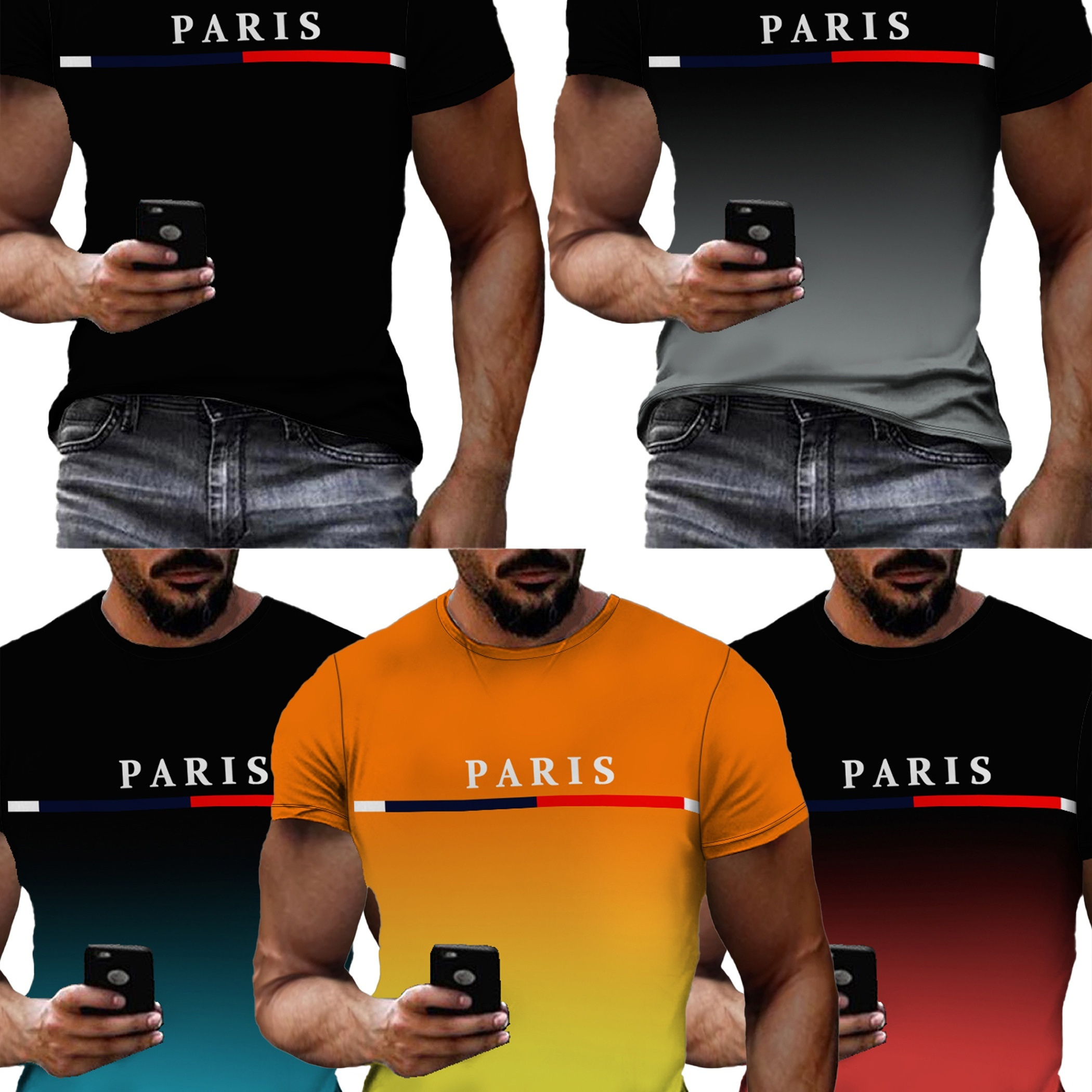 

Paris Pattern Mixed Color 5pcs Set Men's Gradient T-shirt, Short Sleeve Round Neck T-shirt, Summer Outdoor Men's Clothing Middle East