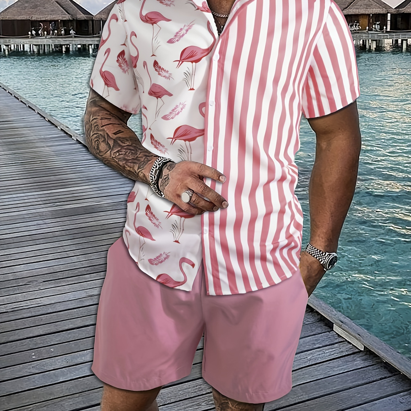 

Men's 2 Pieces Outfits, Flamingo And Strip Print Button Up Shirt And Drawstring Shorts Set For Summer