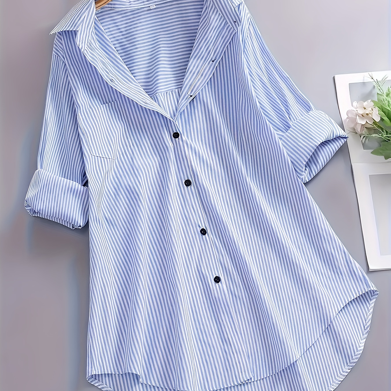 

Women's Casual Nautical Striped Button-up Shirt - Long Sleeve Collared Blouse With Pockets, Light Vertical Stripes, Polyester, Machine Washable, , Casual Wear | | Elastane