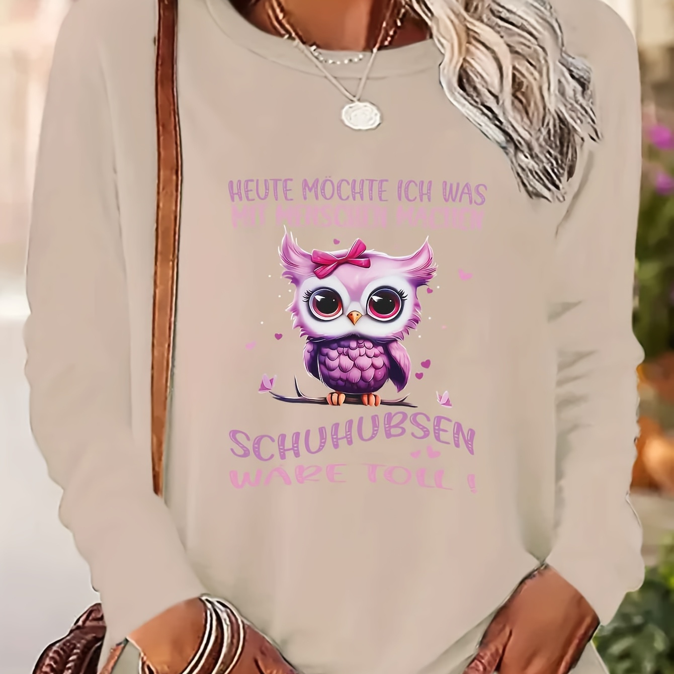 

Women's Owl Graphic Long Sleeve T-shirt - Casual Crew Neck Top Accents, Machine Washable, Polyester - Spring & Fall