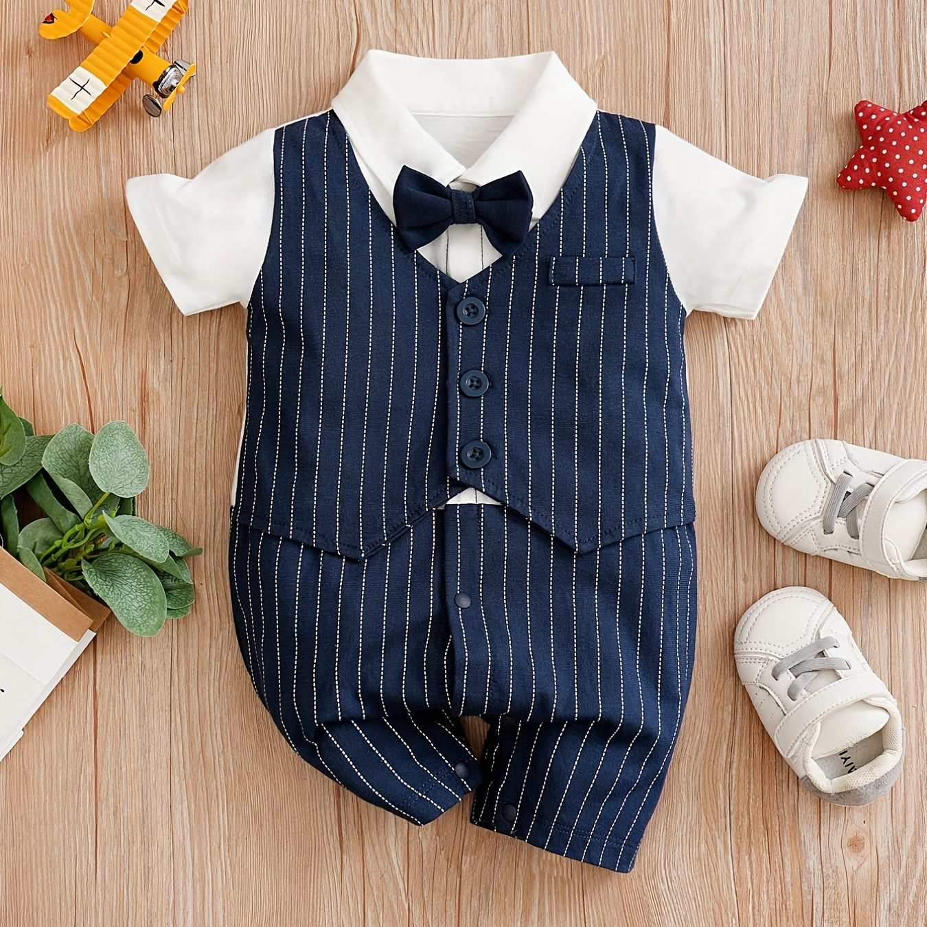 

Baby Boys Casual Striped Short Sleeve Bowtie Lapel Collar Gentleman Romper Cotton Jumpsuit Clothes