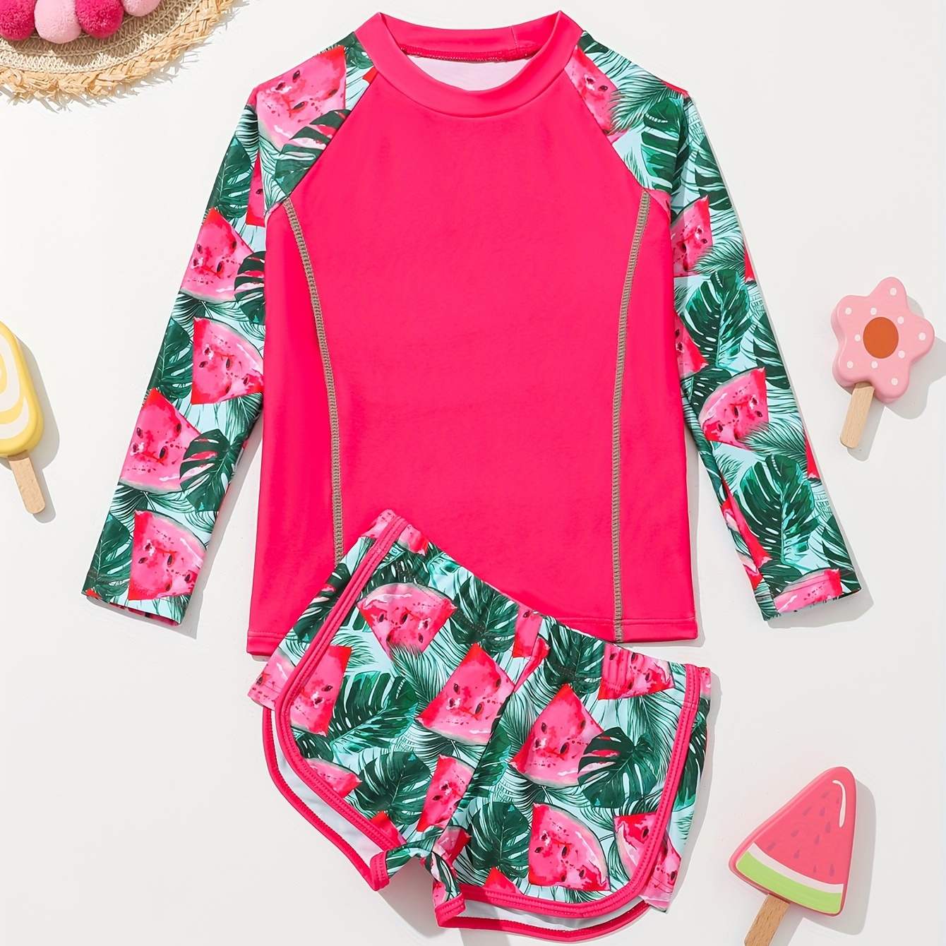

2pcs Toddler's Watermelon & Leaves Pattern Swimsuit, Long Sleeve Top & Swim Trunks Set, Stretchy Bathing Suit, Baby Girl's Swimwear For Beach Vacation