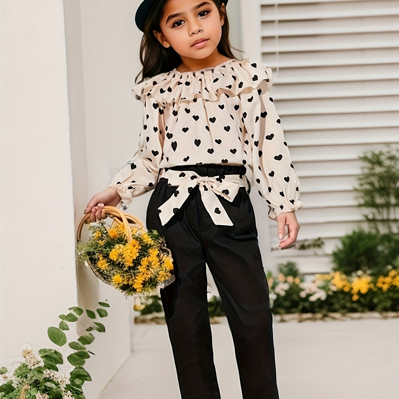 

Girl's Elegant 2pcs, Ruffled Shirt & Belted Pants Set, Love Heart Print Casual Outfits, Kids Clothes For Spring Fall