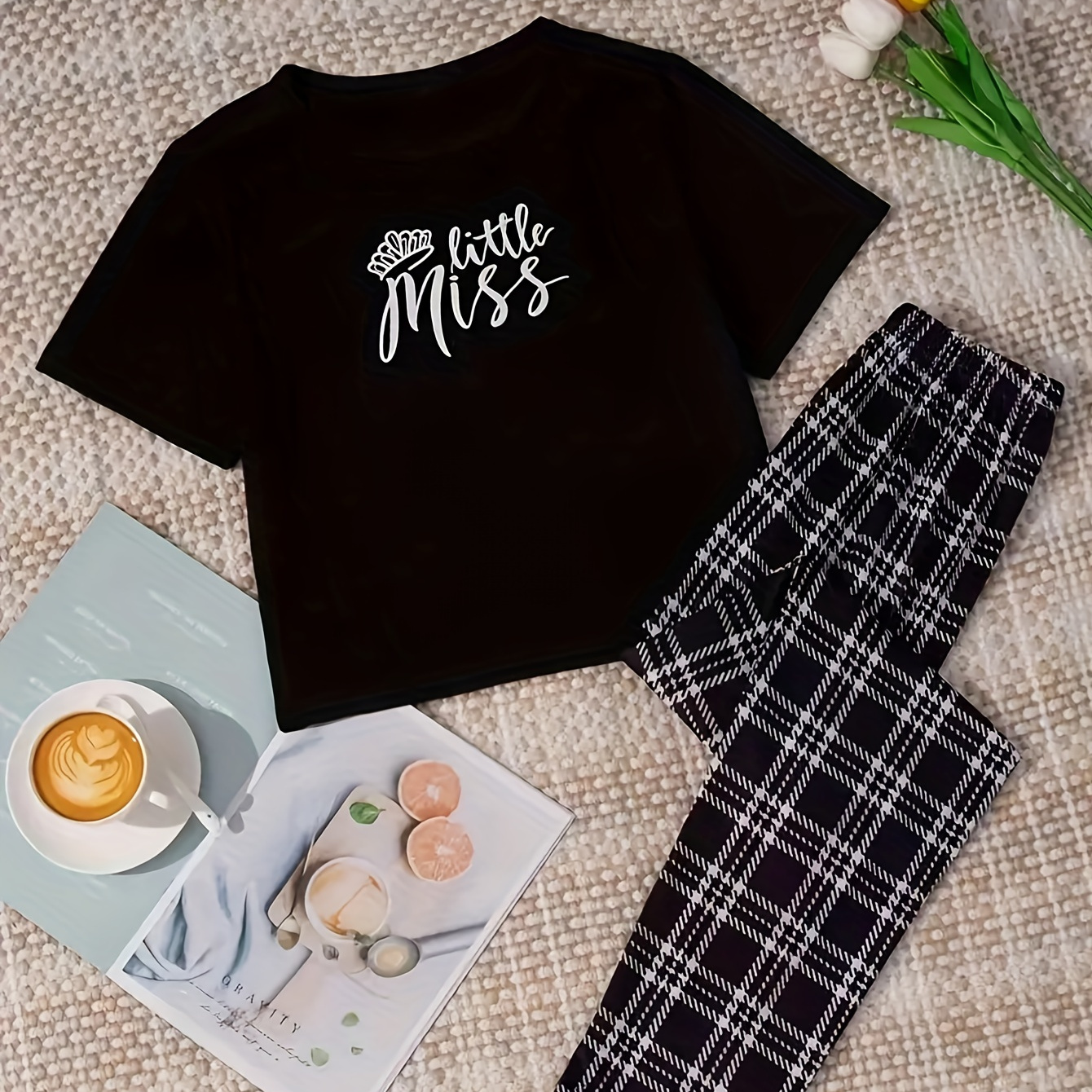 

Letter Print Pajama Set, Short Sleeve Crew Neck Top & Plaid Pants, Women's Sleepwear & Loungewear