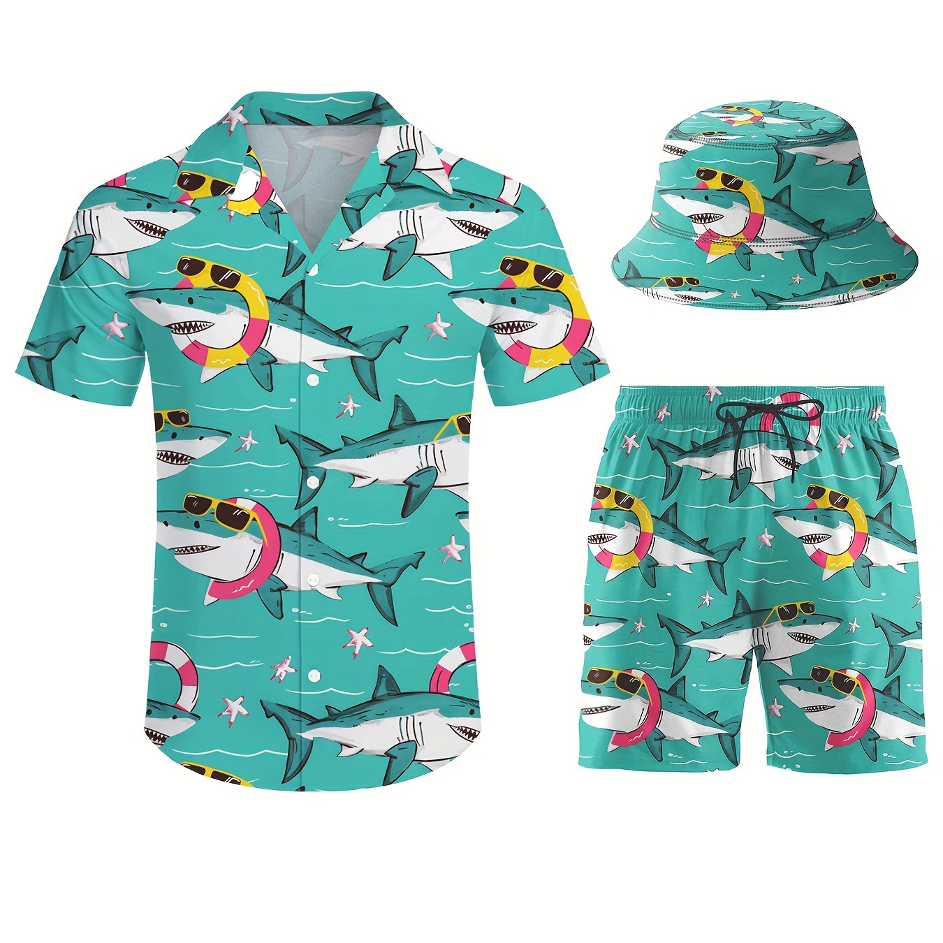 

Men's 3pcs Retro Outfit Beach Set, Shark With Swim Ring Sportswear, Hawaiian Sportswear Set, Shirt Beach Shorts And Fisherman Hat Bucket Hat