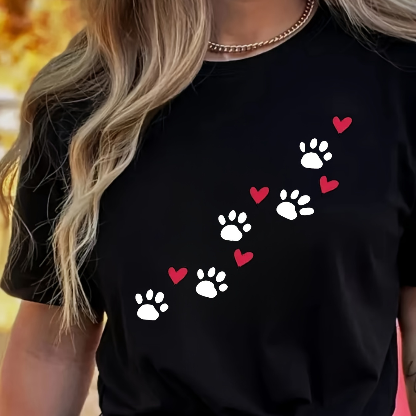 

Heart And Paw Print Casual Sports T-shirt, Round Neck Workout Running Short Sleeves Tops, Women's Activewear
