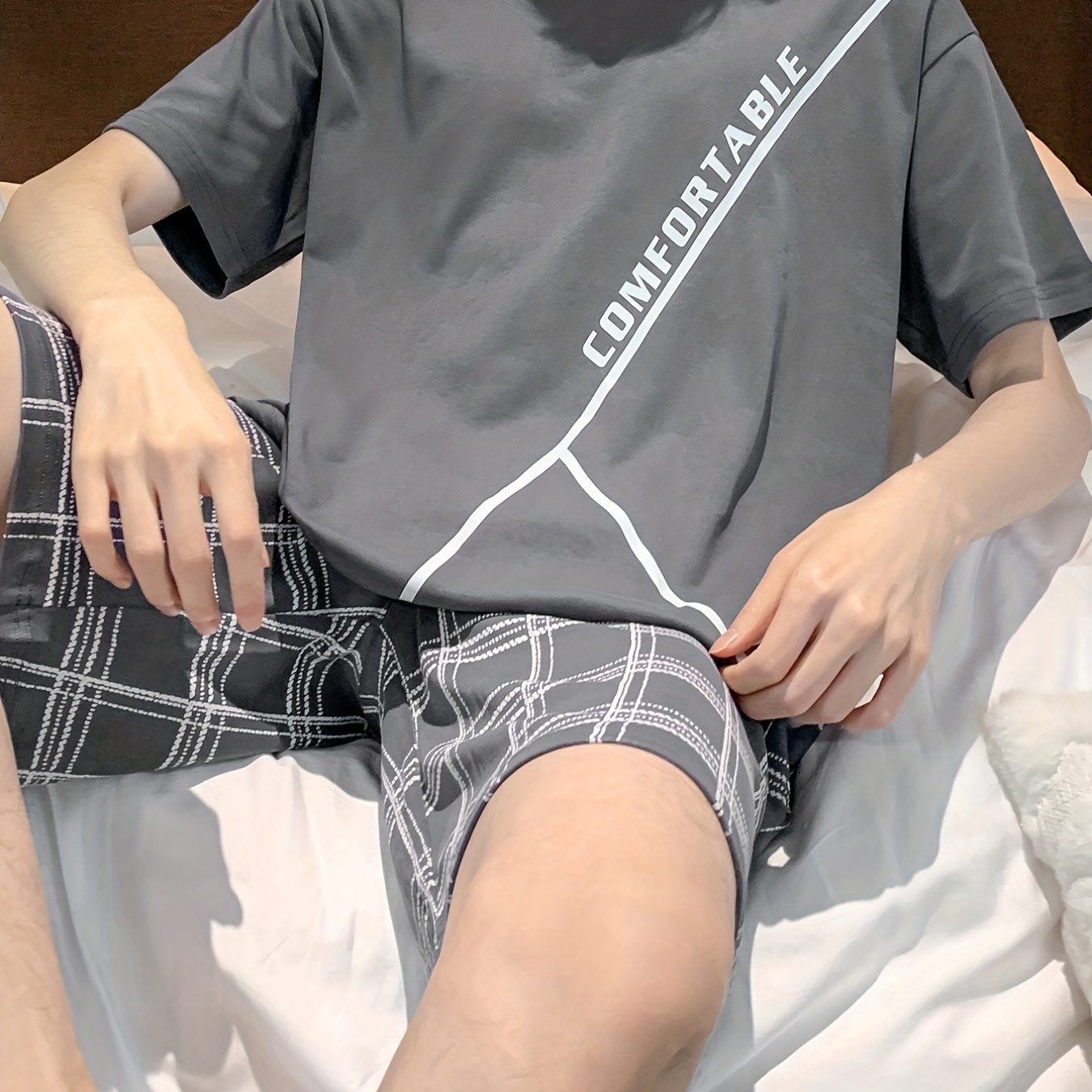 

Men's Plaid Pajamas Set For Summer, Casual Teen Fashion Cool Thin Short Sleeve Crew Neck T-shirt & Shorts, Men's Loungewear Suit, Sleep Top & Bottom