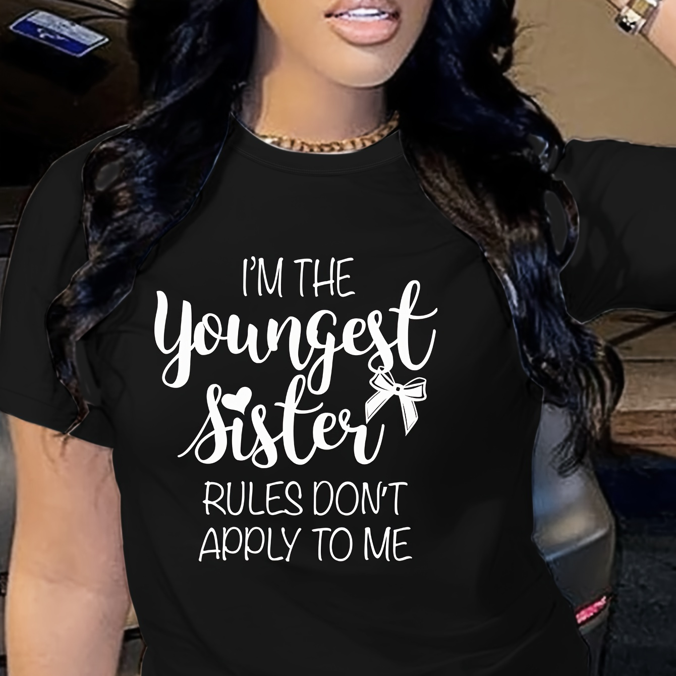 

Youngest Sister Letter Print T-shirt, Casual Crew Neck Short Sleeve Top For Spring & Summer, Women's Clothing