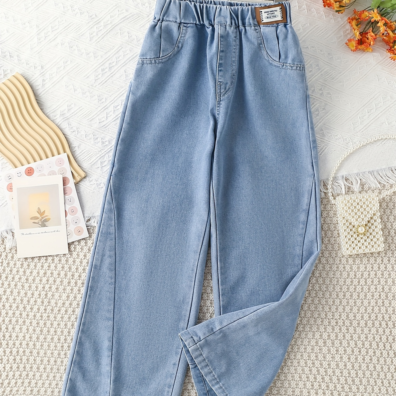 

Girls Casual Labeled Wide Leg Denim Pants Cotton Pocket Loose Fit Trousers For Kids