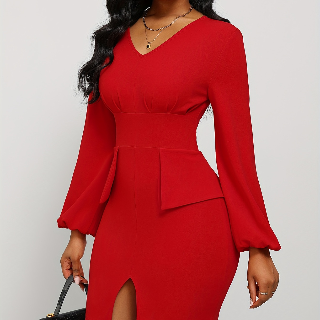 

Split Lantern Long Sleeve Dress, Elegant Solid V Neck Bodycon Dress, Women's Clothing