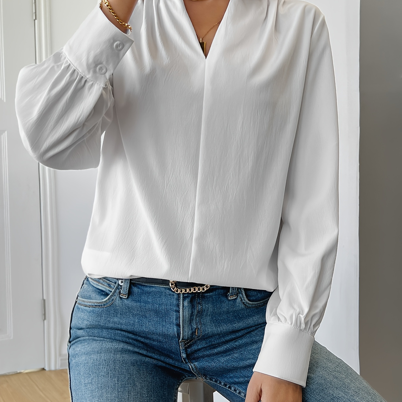 

Women's Elegant Long Sleeve Shirt Plain Suit Collar Can Bamboo 160