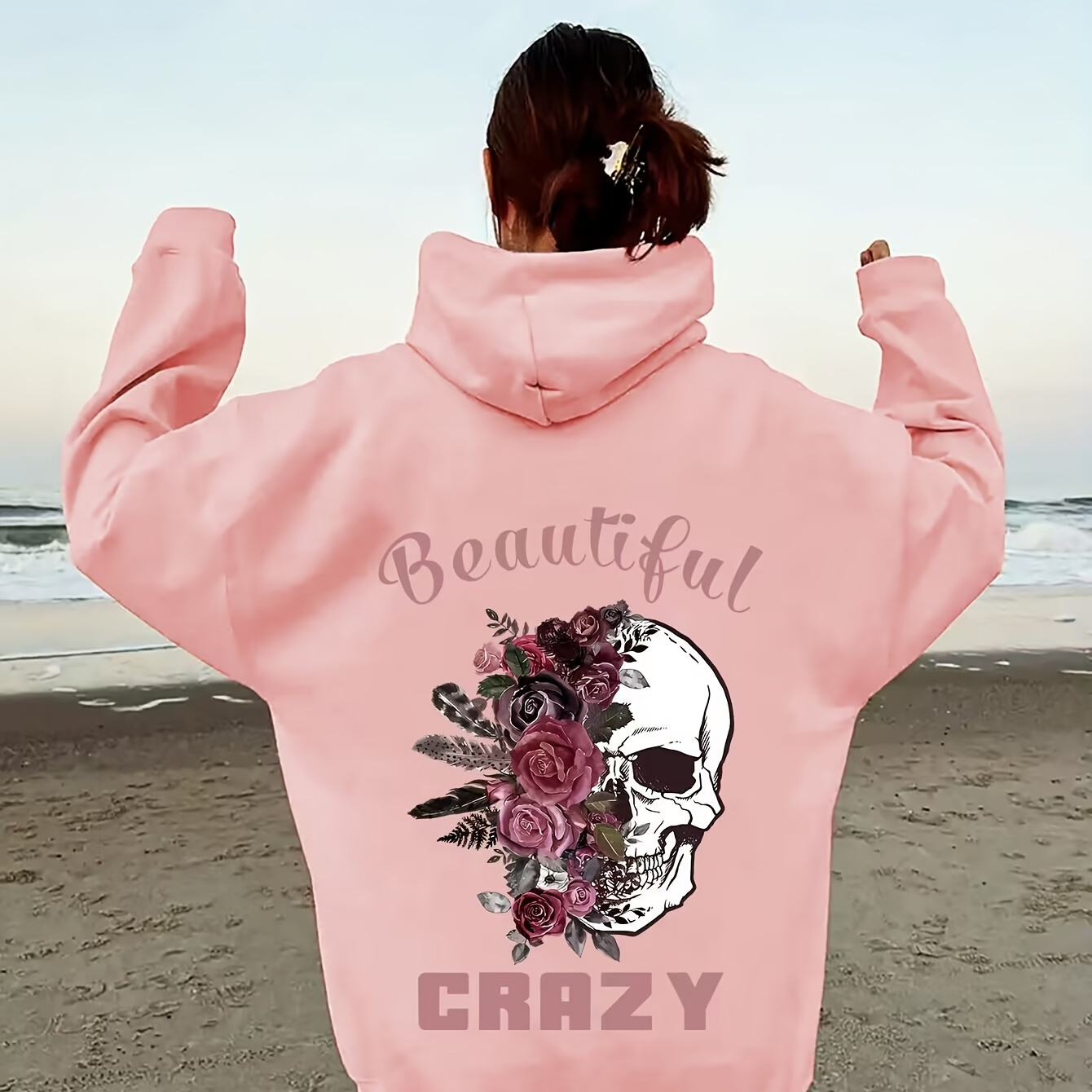 

Apparel| Women's Pink Floral Skull Graphic Hoodie - "beautiful Crazy" Print, Cozy Polyester Knit, Long Sleeve Casual Sweatshirt With Front Pocket For Fall & Winter