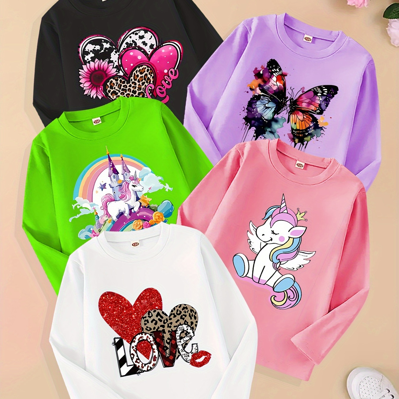 

Girls' Cartoon Unicorn & Print Long Sleeve T-shirt, Polyester Casual Crew Neck Knit Top With Applique, Stretch Fabric, Regular Fit, Fall Season